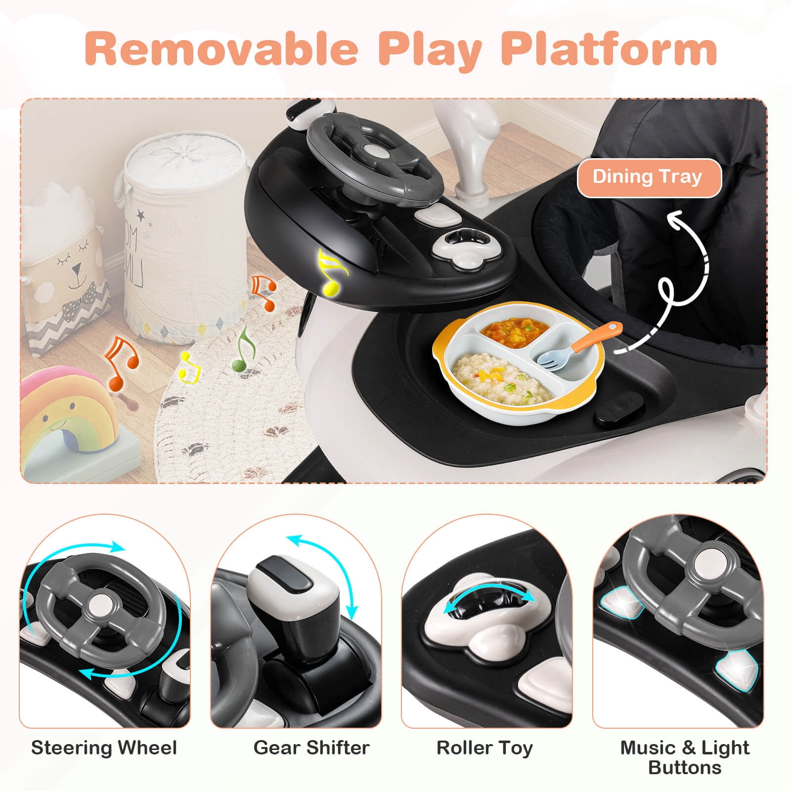 Babyjoy 6-in-1 Baby Walker with Canopy, Music, Lights, Speed/Height Adjustment & Wheels White + Black