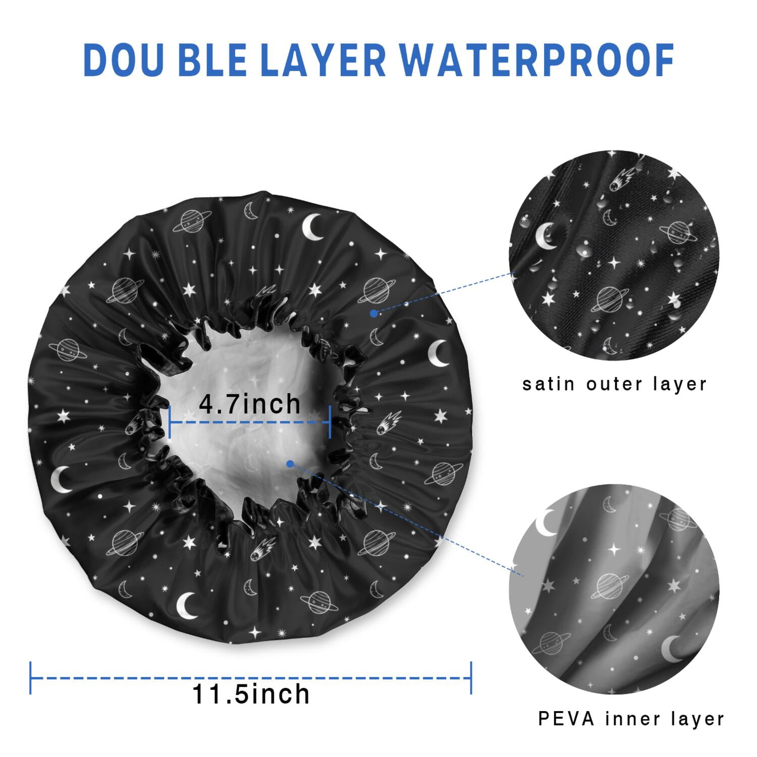 Shower Caps,Black White Star Moon Planet Comet Pattern Waterproof Shower Cap for Women 4 Pieces,Double Reusable Hair Cover for Shower PEVA Elastic Stretch Hem