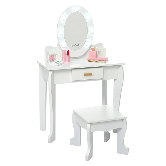 CazToi Princess Vanity Set Wooden Makeup Table with Lighted Mirror Stool & Storage Drawer