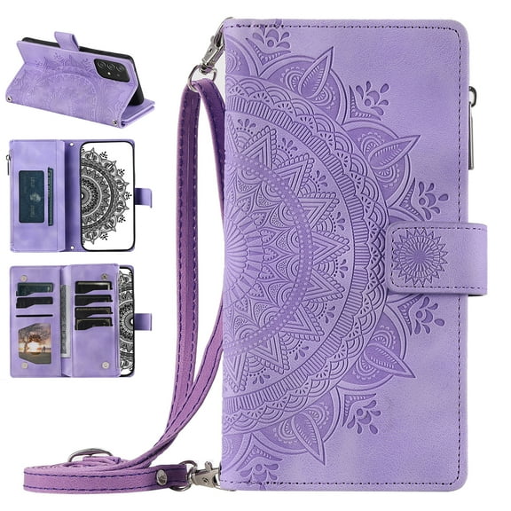 Nalacover for Samsung Galaxy A52 4G/5G Embossed Floral Pattern PU Leather Crossbody Case with Shoulder Strap,Shockproof Magnetic Flip Kickstand Credit Card Slots Zipper Pocket Wallet Phone Case,Purple