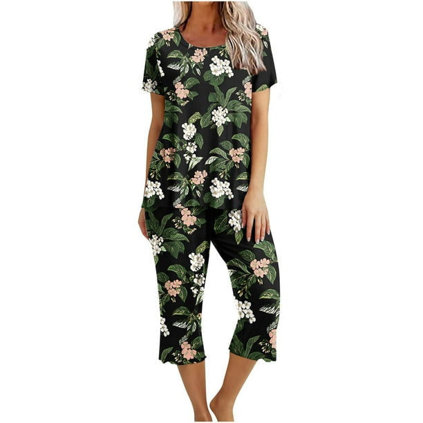 Conjunto de Verano para las Mujeres Impreso Cuello Redondo sin Mangas Y Pantalones, Casual Dos Piezas para las Mujeres
