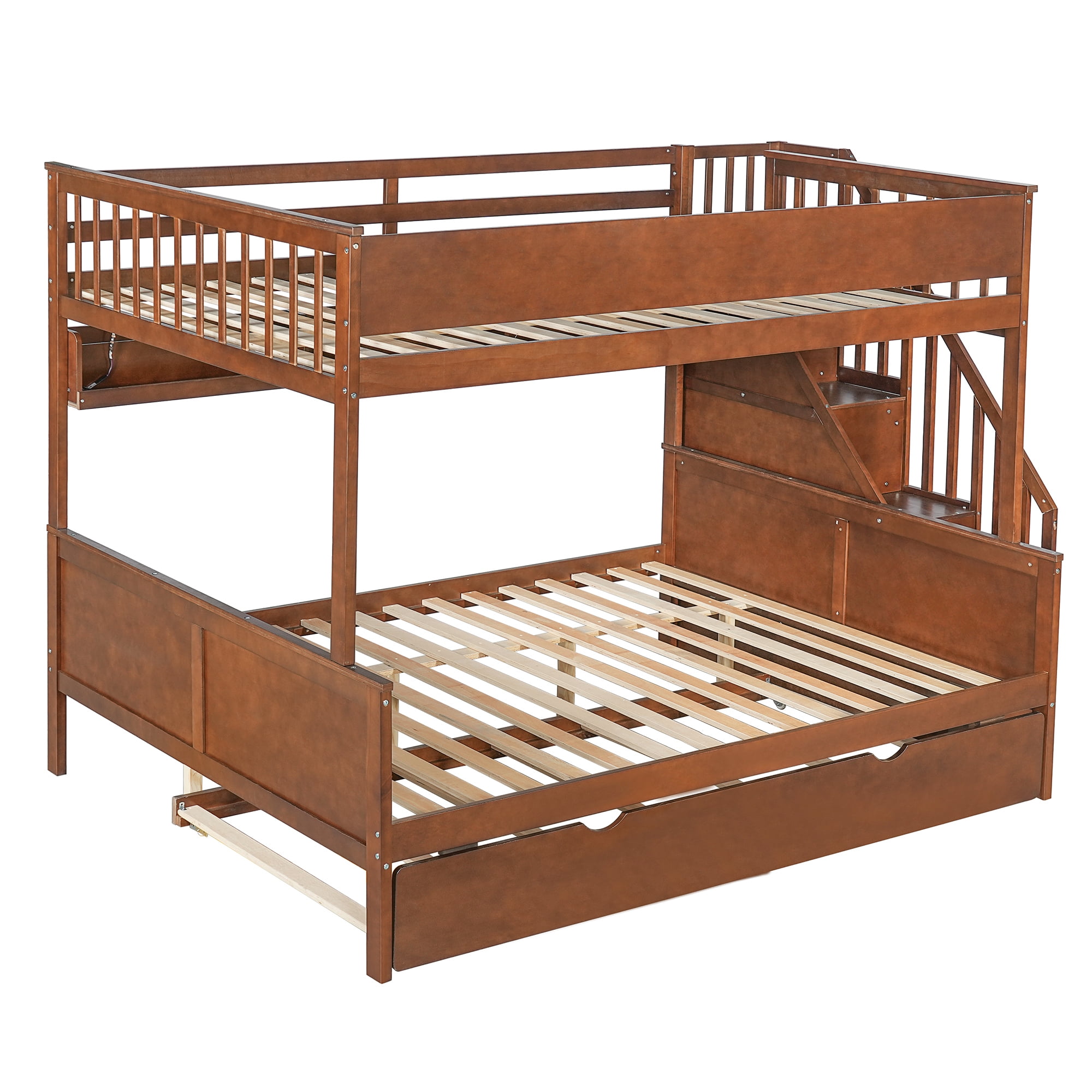 Euroco Full XL over Queen Bunk Bed with Storage Staircase and Shelves, Wood Bed with Trundle and LED Light, Walnut
