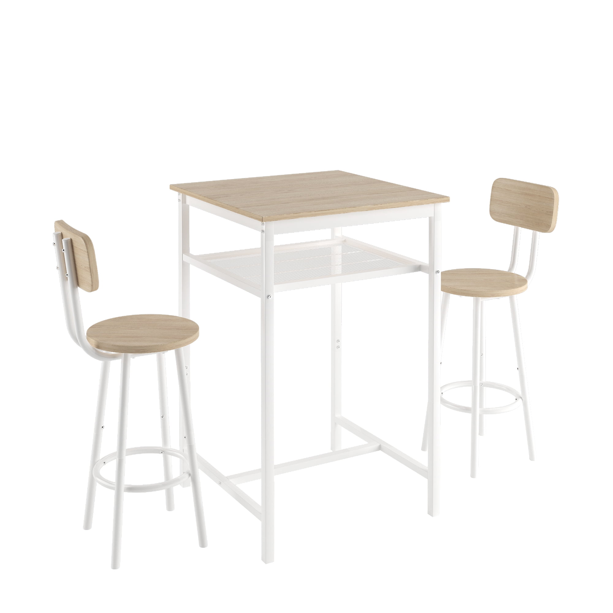 Bar Table Set of 2,Bistro Kitchen Table Sets,Wood Pub Bar Table Set with Storage Rack for Small Space, Apartment,White Oak