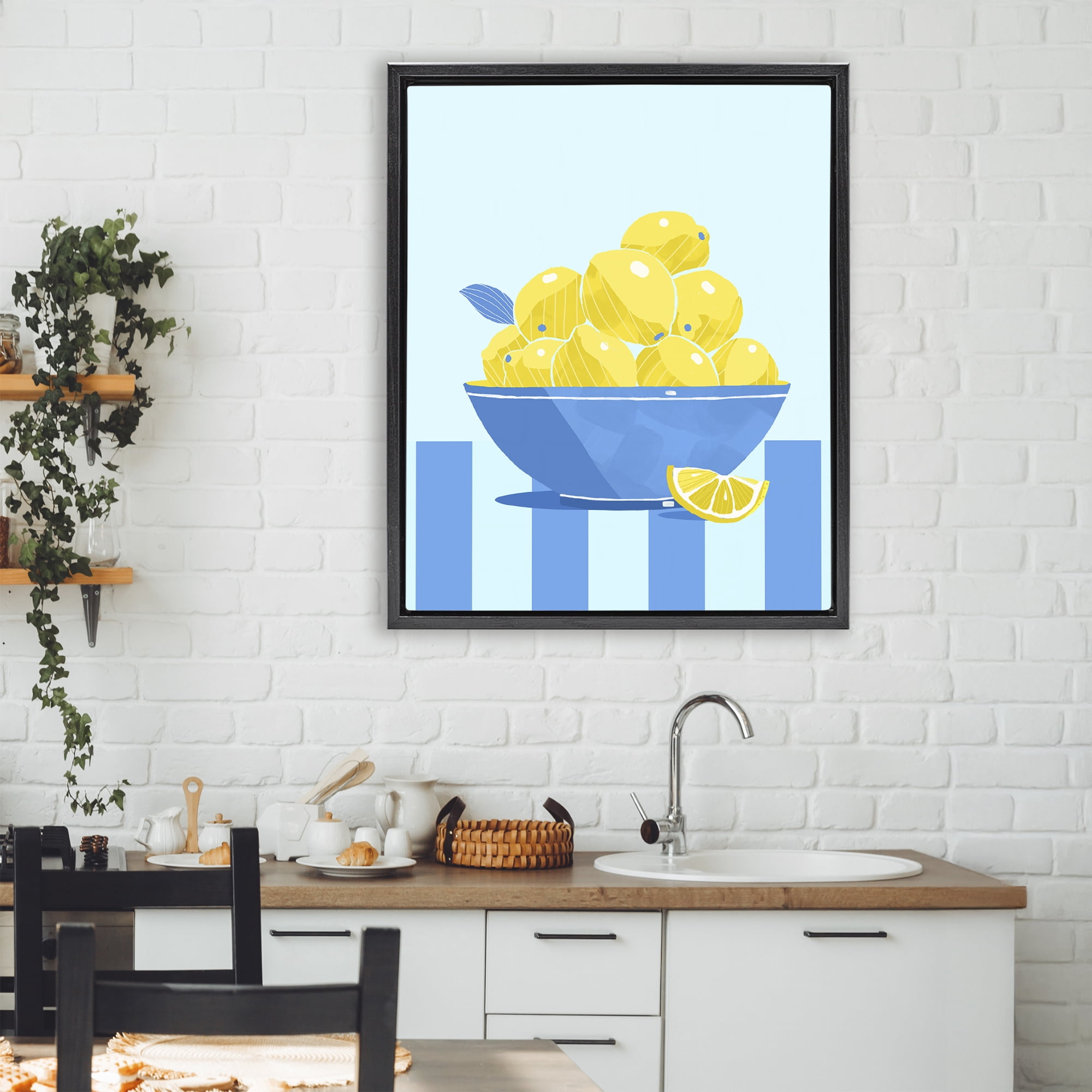 Stupell Industries Yellow Lemon Bowl Striped Black Framed Floater Canvas Wall Art, design by Lucca Sheppard