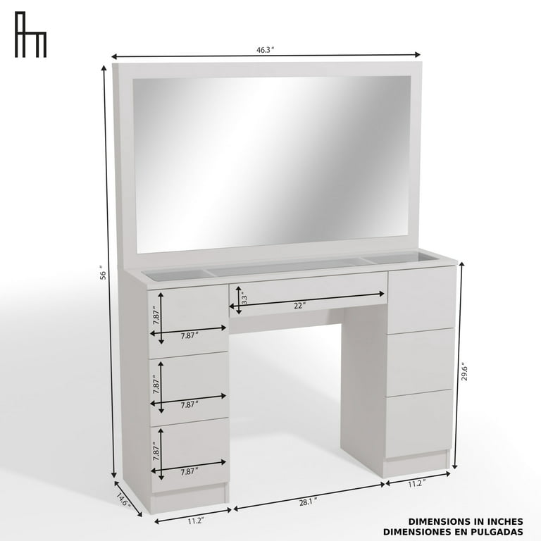 Boahaus Yara Vanity Makeup Desk with Frameless Hollywood Vanity Mirror,  Lights, 7 Drawers, Non- Glass Top, White Makeup Table with Basic Knobs for  Bedroom 