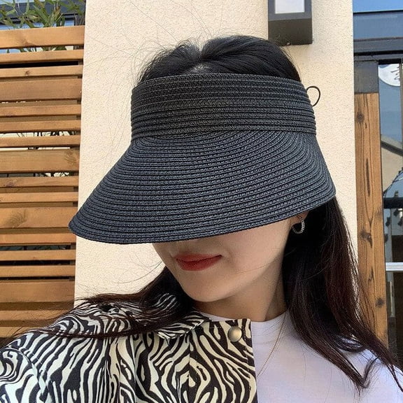 CoCopeaunts Womens Foldable Woven Straw Hats Summer Empty Top Suncap Female Anti-UV Wide Brim Sun Hat Outdoor Beach Caps Sunshade Visor Hat