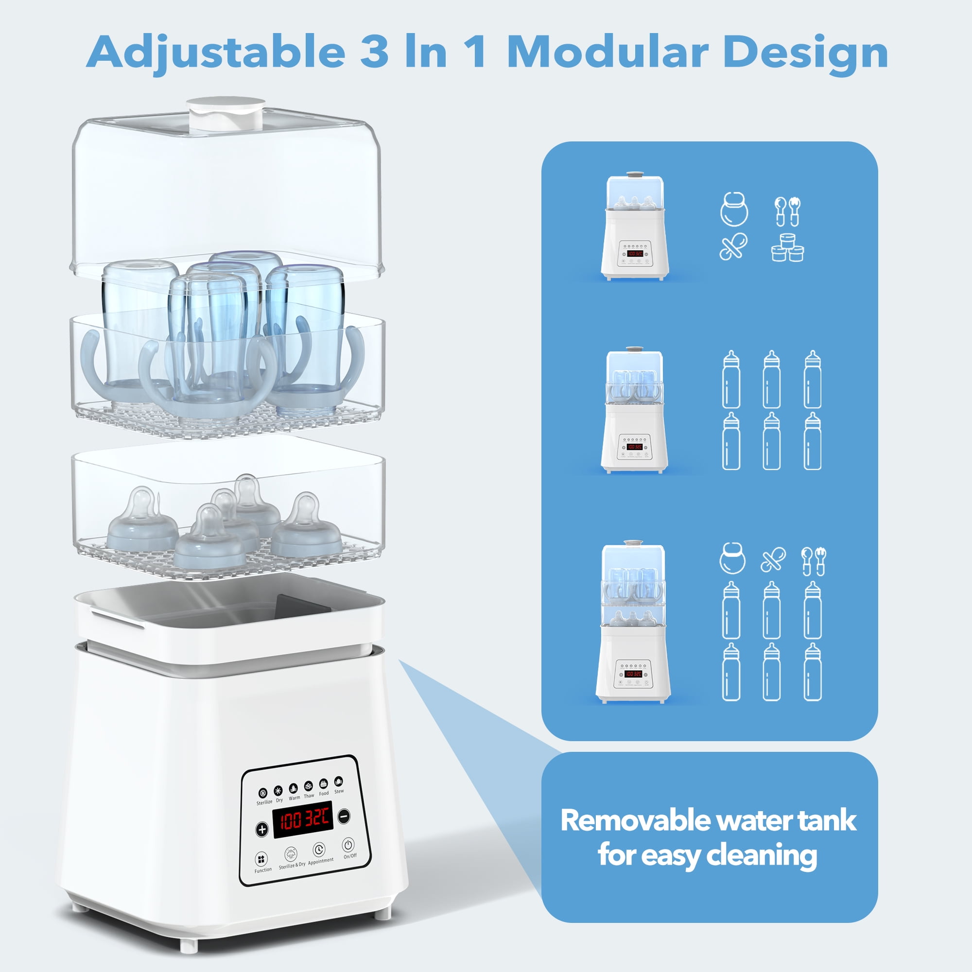 RUPOUN 8-in-1 Bottle Sterilizer and Dryer, Electric Steam with Baby Bottle Warmer, Food Prep, White