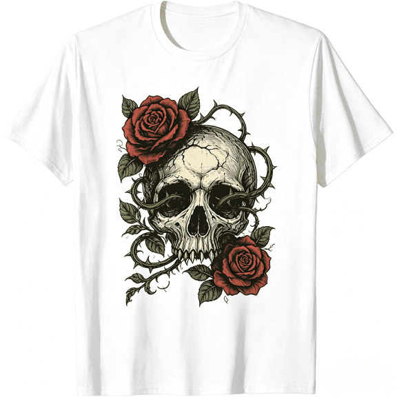 Vintage Skull Red Rose Thorn Vine Graphic T-Shirt Gothic Tattoo Style Floral Skull Retro Art Crew Neck Short Sleeve Cotton Tee for Men Women