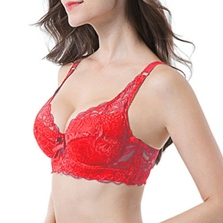 Fsqjgq Plus Size Bra for Women Push up Gathered Lace Brassiere Crop Tops  Bow Bras Adjustable Underwear Breathable Padded Lingerie Red 90C 