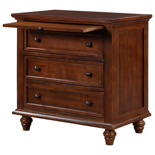 27.6 inch brown painted pine nightstand with pull-out tray, 3 drawer bedside cabinet metal handles rubber wood tapered legs multi side table for bedroom sofa office
