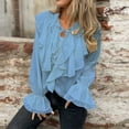 thumbnail image 4 of Lenpel Women's Chiffon Tops Bell Long Sleeve Tie Front Collared Ruffle Trim Layered Button down Shirts Dressy Casual Blouses(Blue,X-Large), 4 of 5