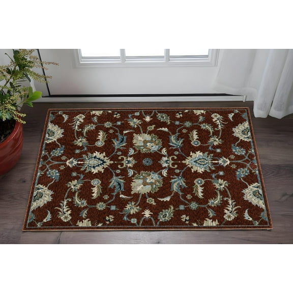 3' X 5' Red Teal And Green Oriental Area Rug With Fringe