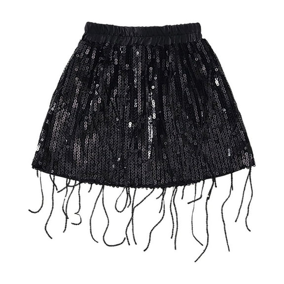 LNWUY Sequin Fringe Skirt Sparkly Tassel Sequin Party Skirts Belly Dance Hip Scarf Skirt for Women Girls Black 90