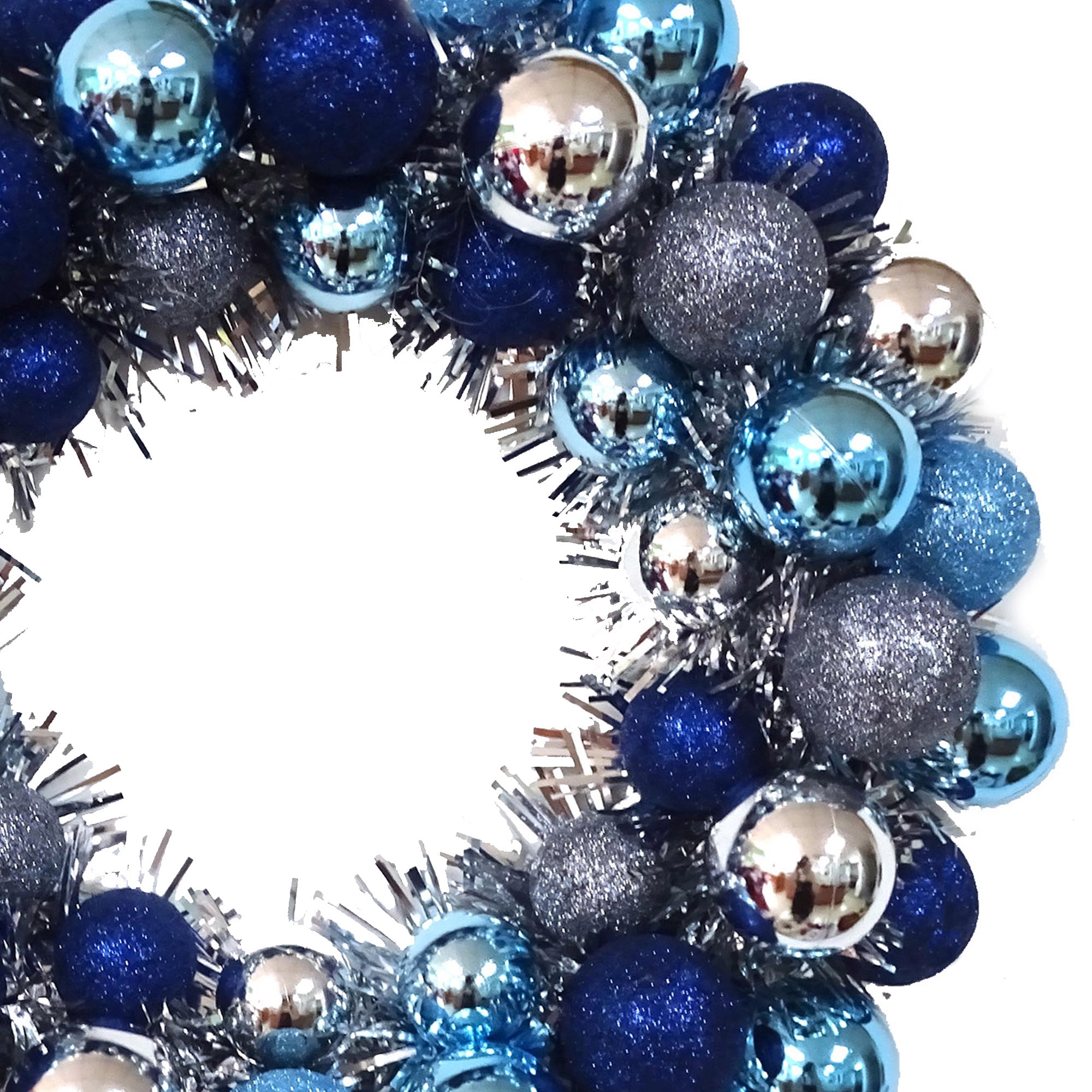 16 in Holiday Time Blue & Silver Round Ball Christmas Tinsel Wreath, HOLIDAY TIME PL 16`` CMAS BLUE WRTH