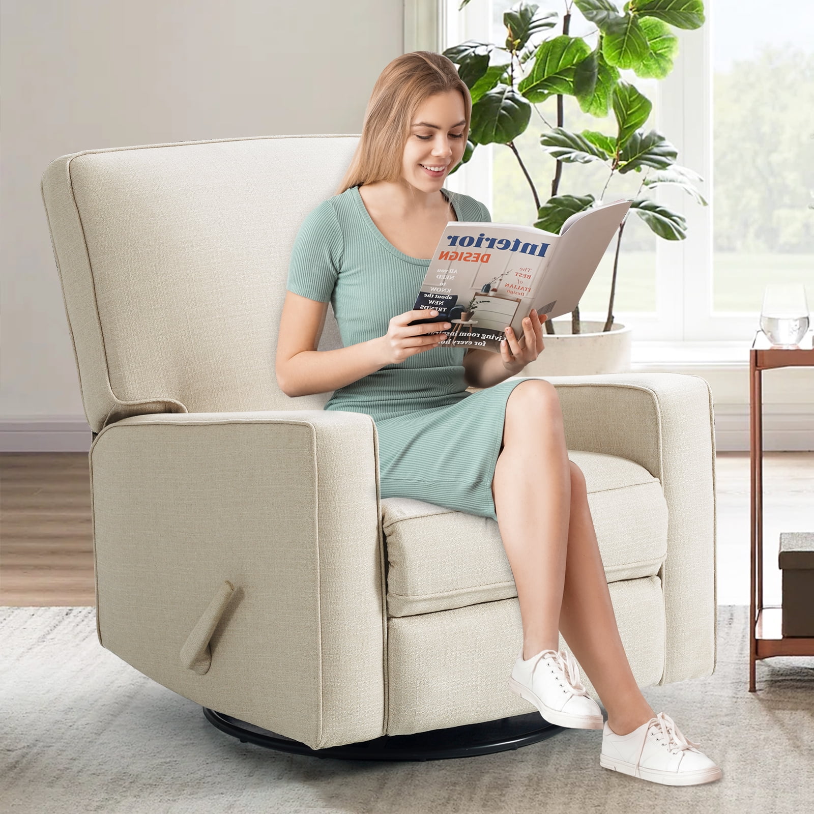 Harkawon Swivel Rocker Recliner Chair, High Back Glider Recliner with Linen Fabric, Ergonomic Rocke'r Chair for Small Spaces, Nursery & Living Room, Beige