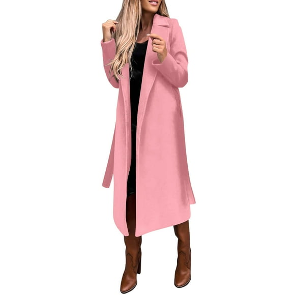 DondPO Wool Coats for Women Women's Faux Wool Coat Blouse Thin Coat Trench Long Jacket Ladies Slim Long Belt Elegant Overcoat Outwear Womens Wool Coat Long Coats for Women Trendy Pink S Clearance!