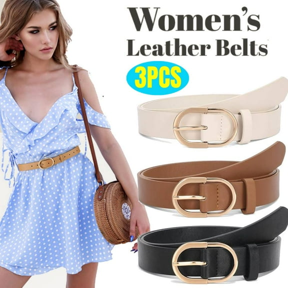 3 Pack Women's Leather Belts for Jeans Pants with Fashion Center Bar Buckle