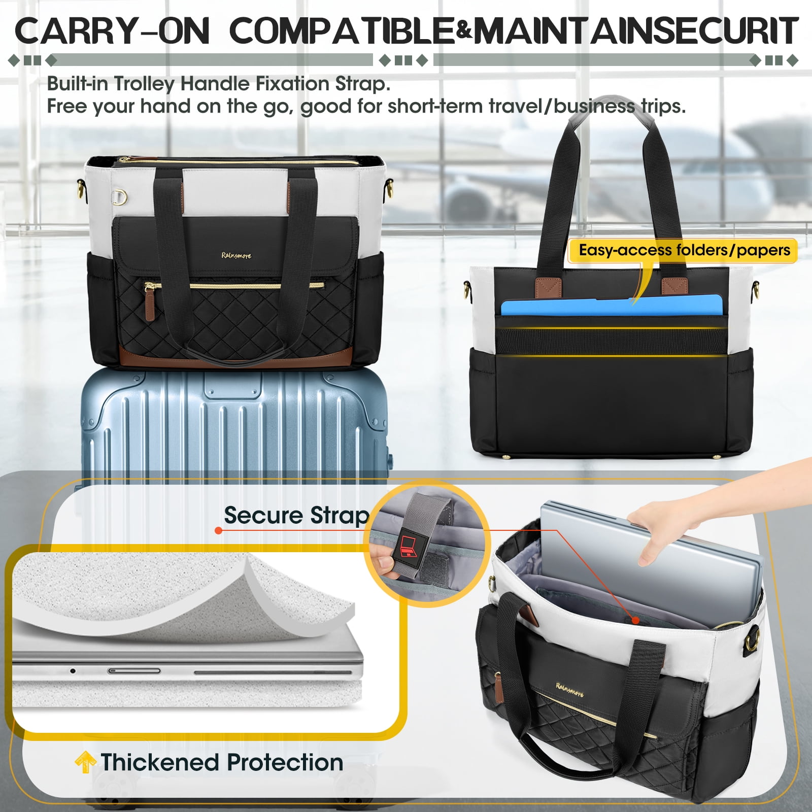 RAINSMORE Teacher Tote Bag 15.6 inch Laptop Bag for Women with Small Bag Professional Work Tote Bags Nurse Bag Computer Briefcase,Black/White/Brown