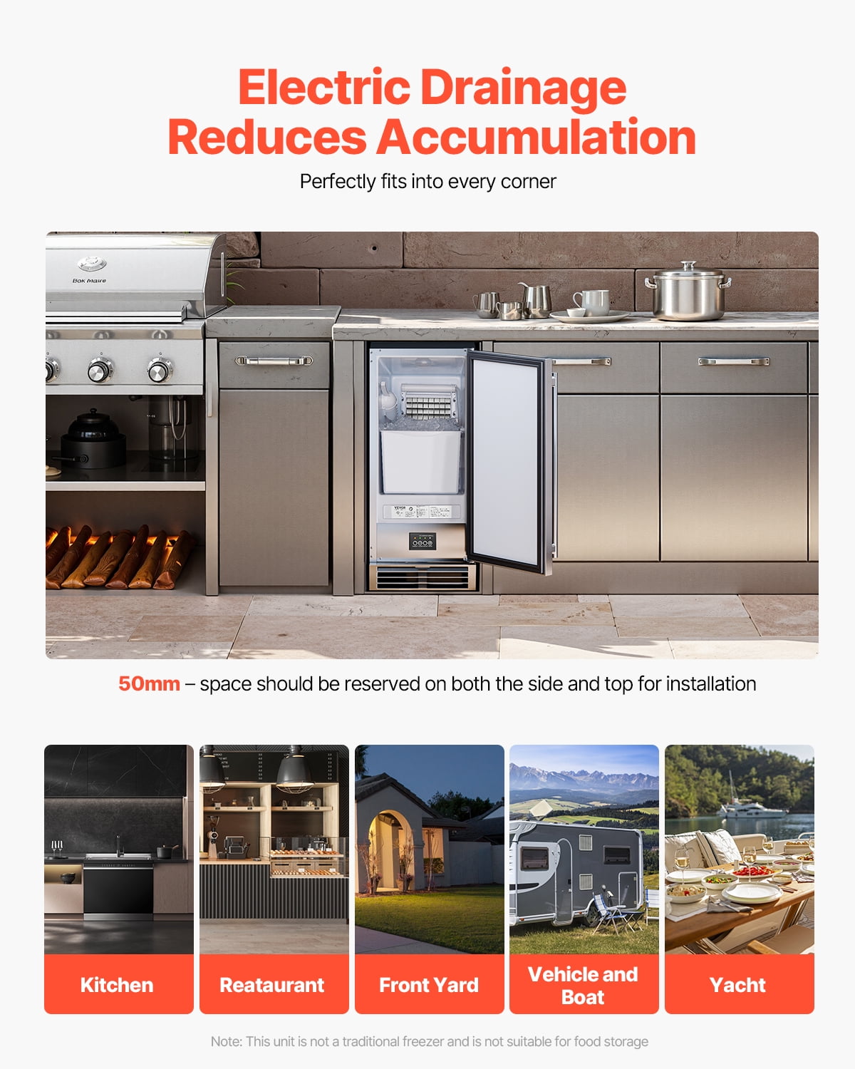 VEVOR Undercounter Built-in Ice Maker, 50 Lbs/Day Under Counter Ice Maker Machine with Reversible Door Stainless Steel, Freestanding Ice-Making Machine for Restaurant, Outdoor Kitchen, Terrace, Pool