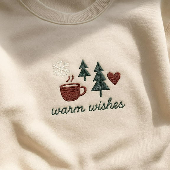 Embroidered Warm Wishes Christmas Sweatshirt, Hot Cocoa Trees Snowflake Holiday Crewneck, Cozy Winter Drink Shirt, Minimalist