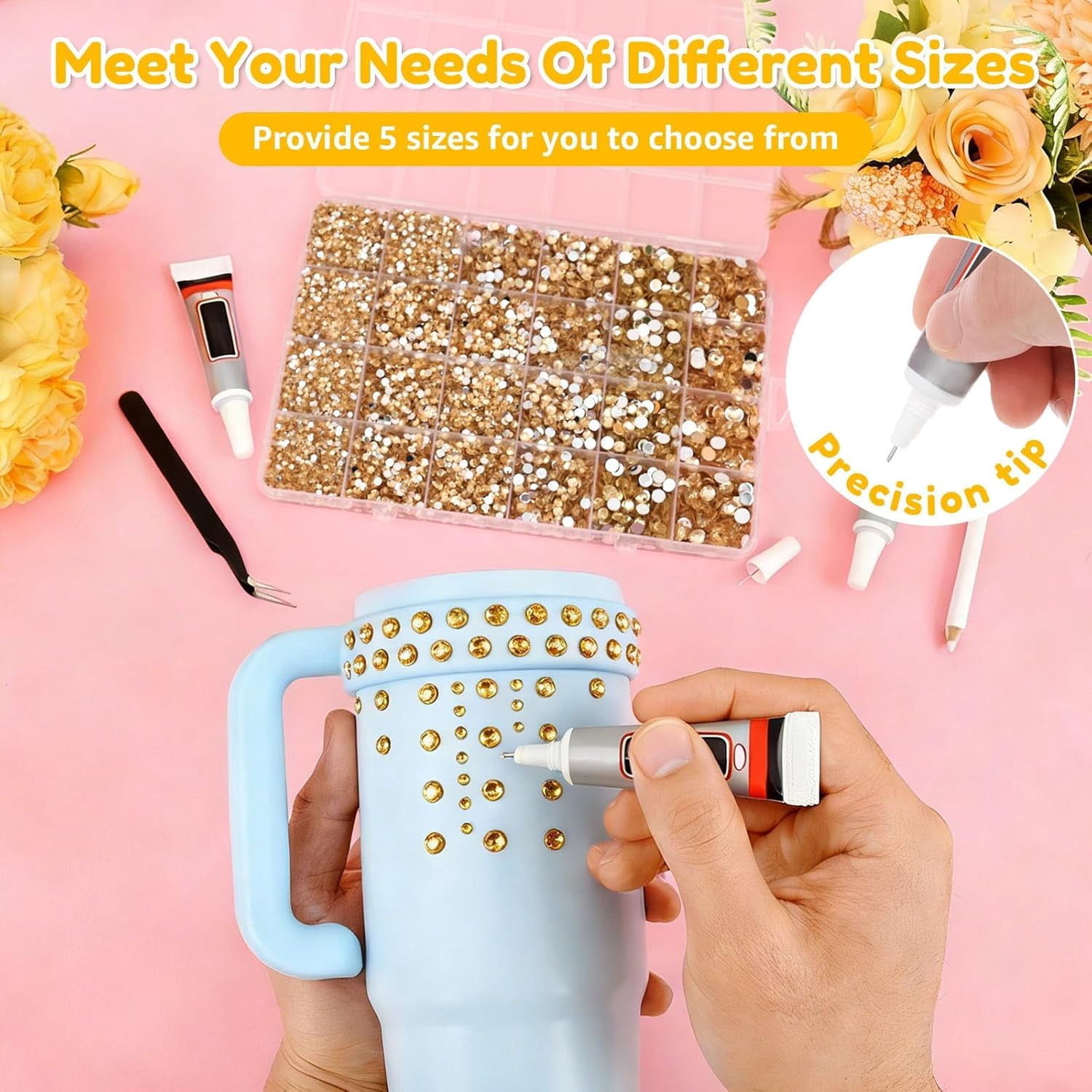 24,000-Pc Resin Rhinestones Kit for Crafting, 3mm Flatback with Storage Box & Tools, for Nail Art, Jewelry, Clothing Decoration (Gold)