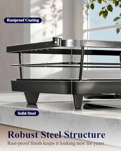Dish Drying Rack for Kitchen Counter, Stainless Steel Sink Organization and Storage Essentials with Cutlery Holder, Home and Appartment Decor, 12''W x 15.5''L, Red