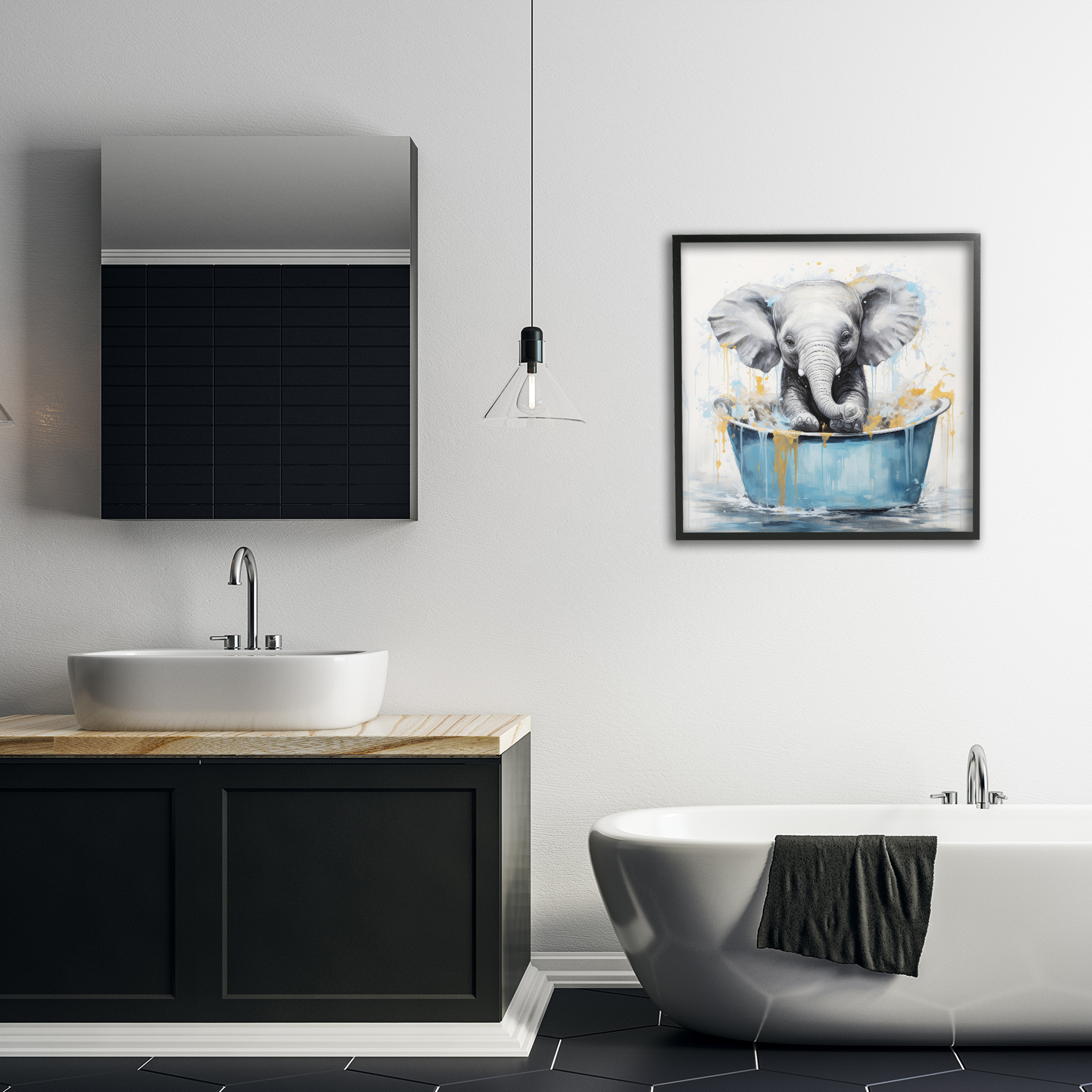 Stupell Industries Bathing Baby Elephant Typography Painting Black Framed Art Print Wall Art, 24 x 24