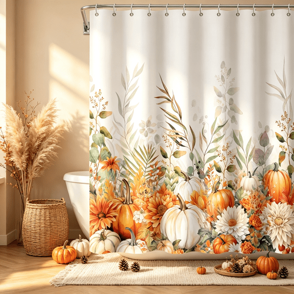 SUNOLIFE Fall Pumpkins Shower Curtain Brown Autumn Thanksgiving Theme Waterproof Fabric Bathroom Curtain 72x72 in