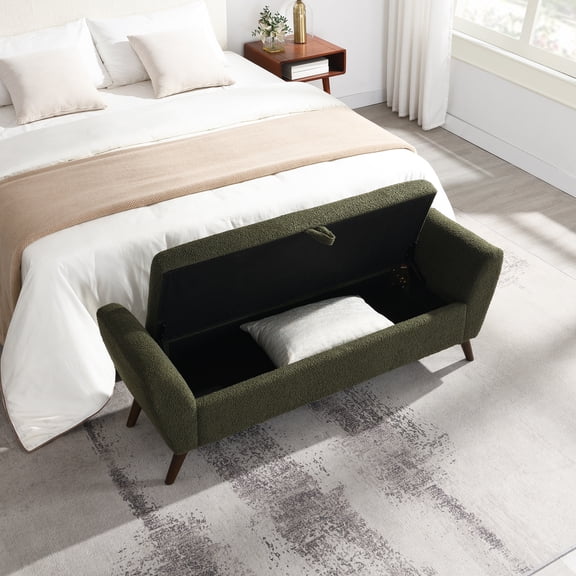 Nmkwnr Upholstered Storage Ottoman with Wood Legs, 60'' Storage Bench for Living Room, Bedroom, Olive Green