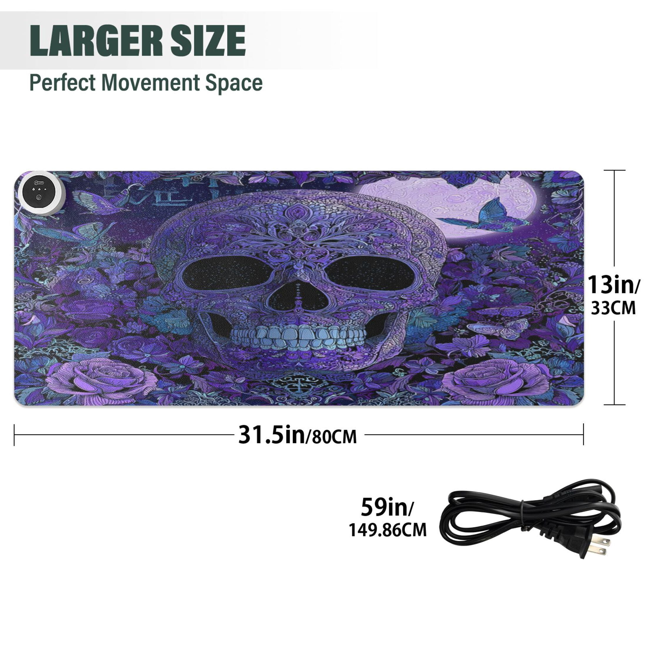 Large Heated Desk Mat Mouse Pad 31.5"x13"PU Leather Graphene Heating Desk Warmer with 3 Temperature Settings 110V US Plug Non-Slip Warm Pad for Home, Office, and Gaming Midnight Skull Butterfly Bloom