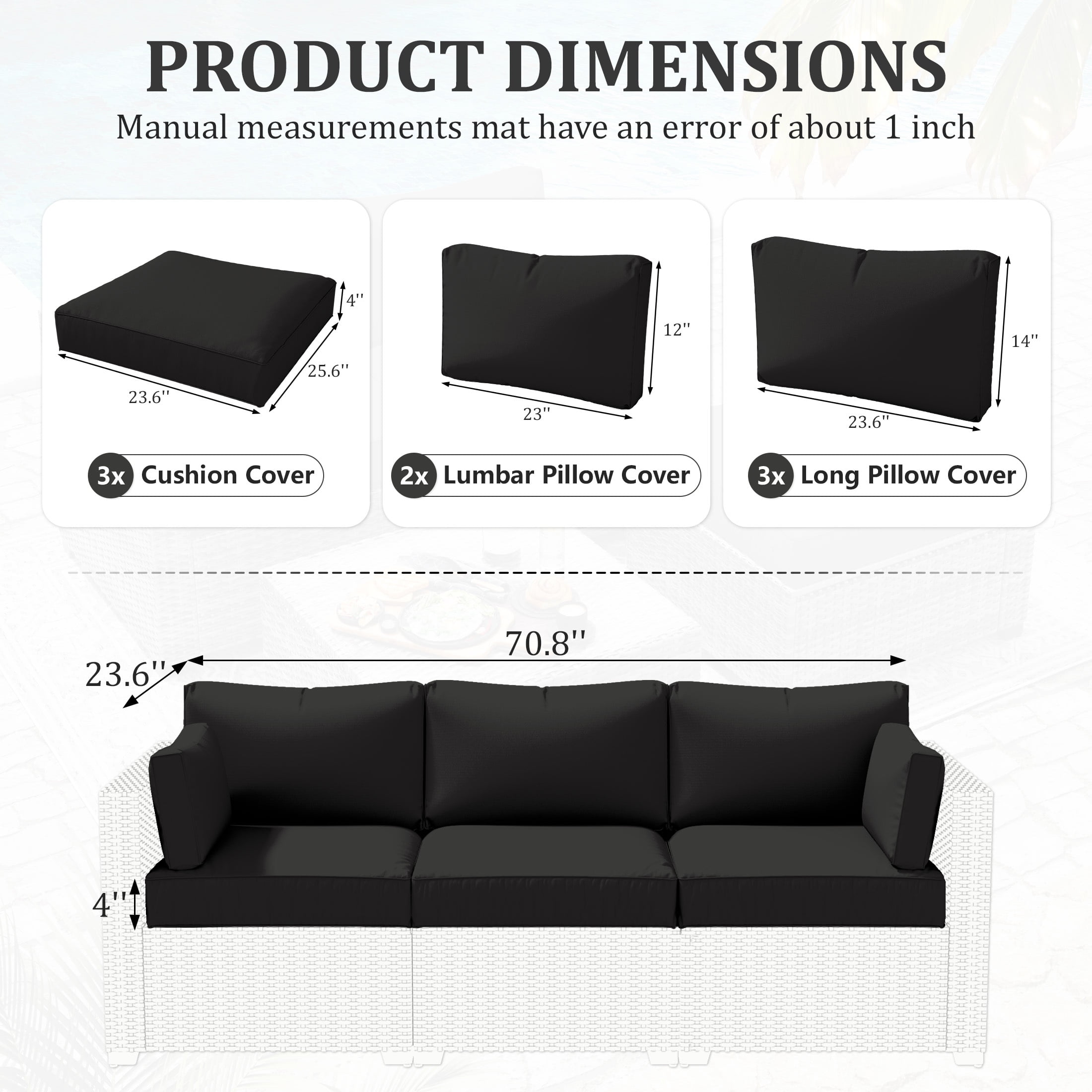 Kimunuk Outdoor Replacement Cushions for Patio Furniture, 4" Foam High-Density, 8-Piece Water-Resistant Outdoor Cushion for 3-Seat Sectional Patio Conversation Sets, Liner&Cover, Black