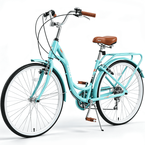 POVANLI 26 Inch Ladies Bicycle Adult Full Shimano 7 Speed Ladies Bicycle, Double V Brakes Bicycle, Steel Frame Commuter Bike for Ladies, Green (Gift)
