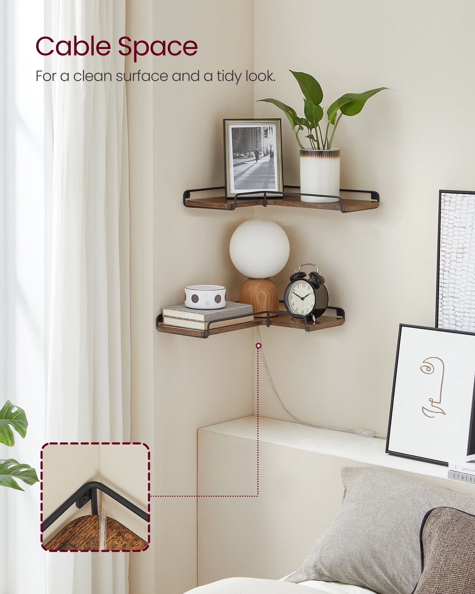 VASAGLE Corner Floating Shelves, Corner Wall Shelf Set of 2, Corner Shelves for Wall Decor and Storage, Wall Mount, Rustic Brown and Black