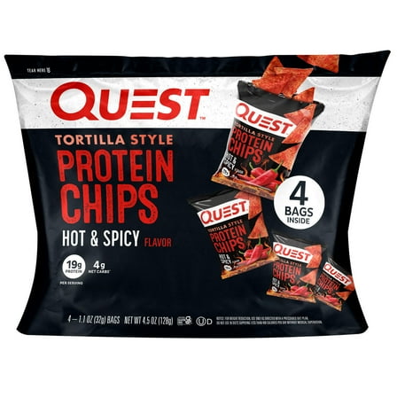 Quest Tortilla Style Protein Chips, Hot & Spicy Flavor, Baked, 19g Protein, 1.1oz Bags, 4 Count