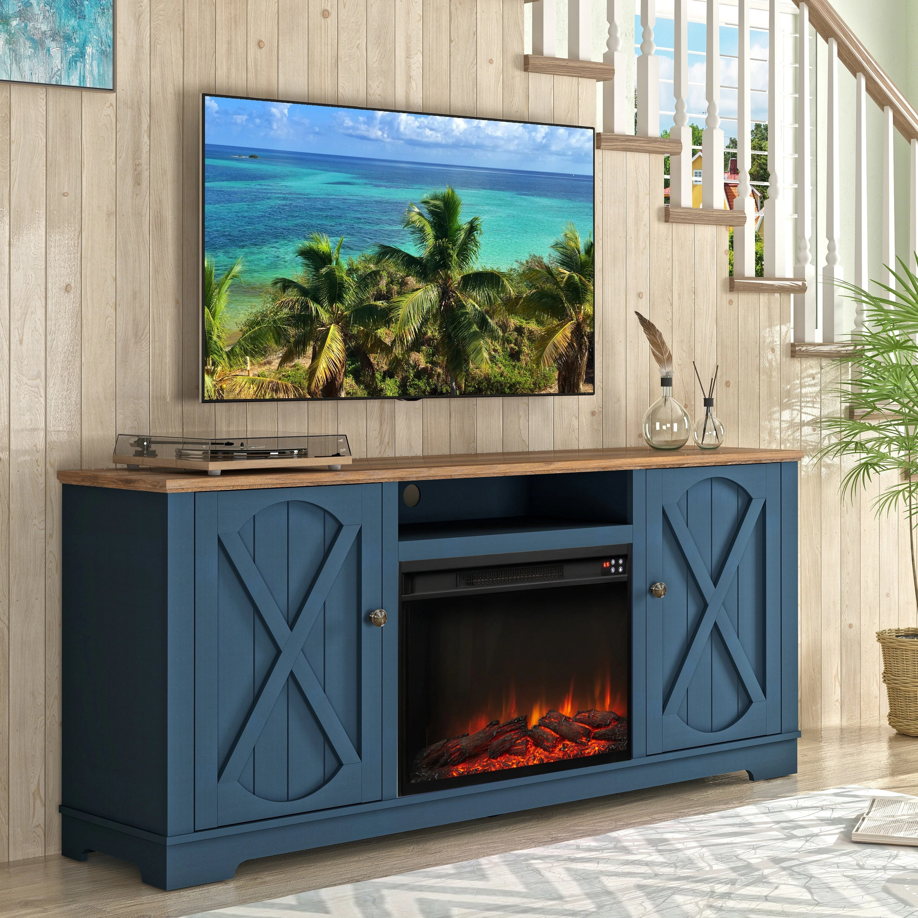 Joy River 70" Farmhouse TV Stand with 26" Electric Fireplace,Heats 400 sq ft,Navy