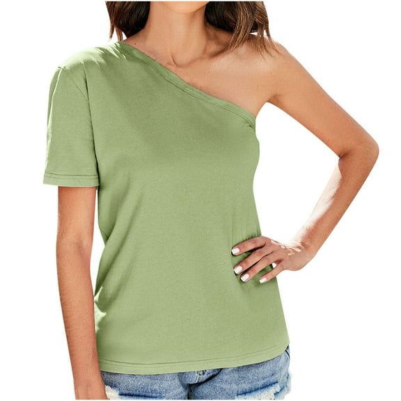 RQYYD One Shoulder Tops for Women's Summer Short Sleeve Tee Shirts Casual Solid Color Pullover Tee Blouse(Green,XL)