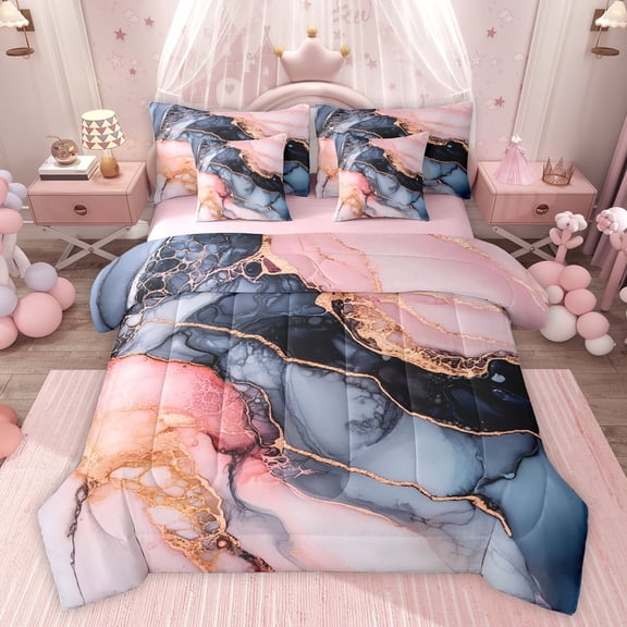 Feelyou Adult Artwork Marble Twin Bedding Sets 7-Piece, Abstract Ombre Red Bedding Comforter Set, Fashion Marbling Theme Reversible Sheet Sets, Microfiber Bedroom Decor