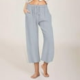 thumbnail image 2 of Beach Pants for Women Cotton Linen Palazzo Pants Boho Drawstring Elastic Waist Beach Pants Trendy Wide Leg Summer Trousers with Pockets Light Blue 2XL, 2 of 7