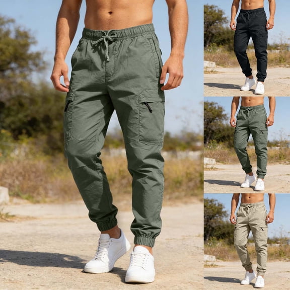 Ndbuld Mens Pants Lightweight Solid Color Zipper Pocket Bandage Elastic Waist Casual And Fashionable Pants Black,XXXXL