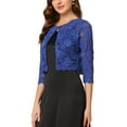 thumbnail image 4 of MODA NOVA Juniors Open Front 3/4 Sleeve Sheer Floral Lace Cropped Shrug Cardigan Dark Blue L, 4 of 5