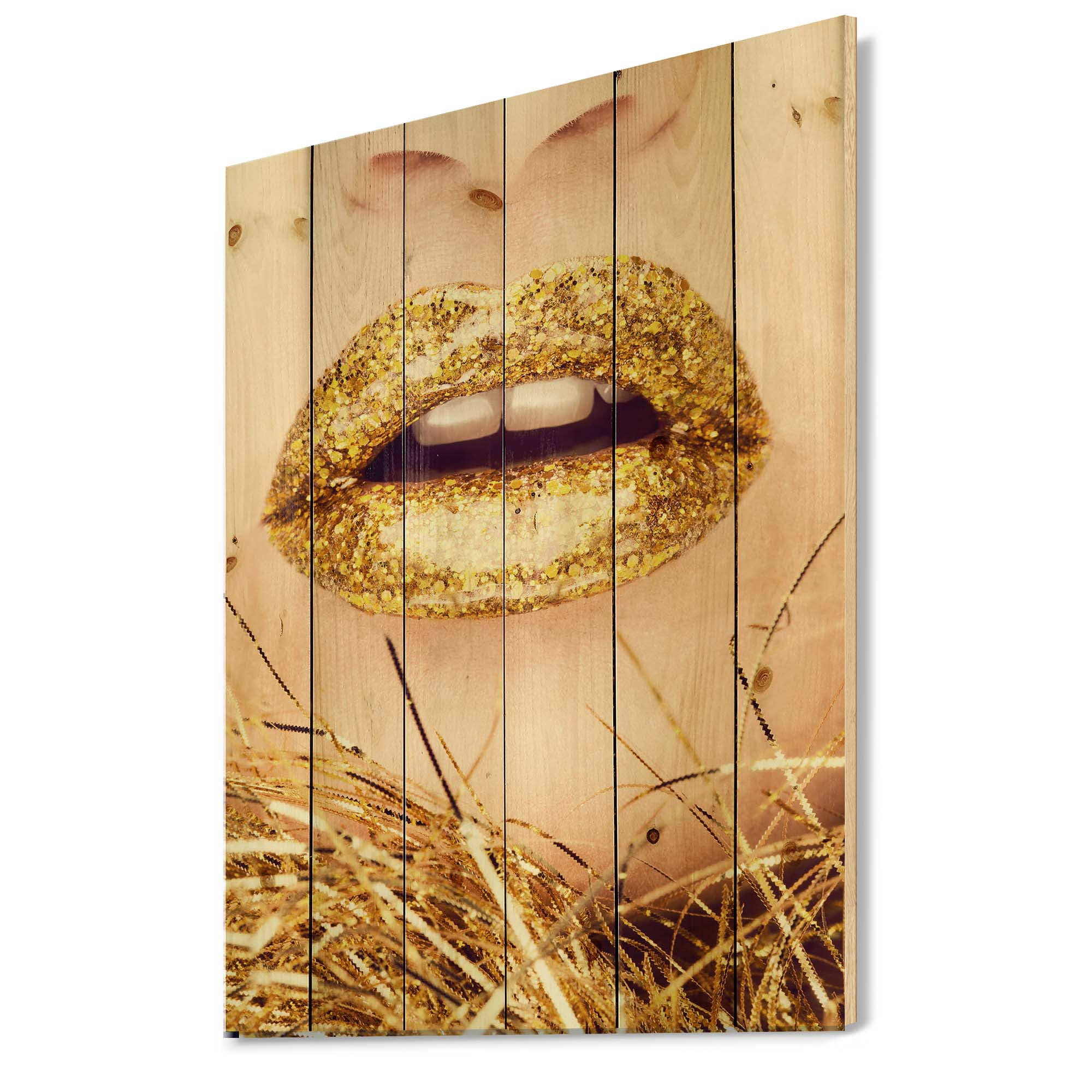Designart 'Close-Up Of Golden Female Lips I' Modern Print on Natural Pine Wood