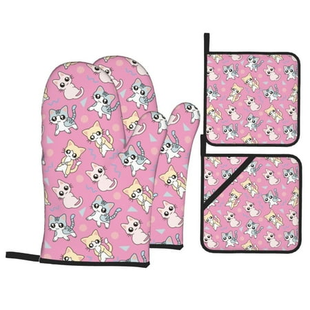 

Oven Mitts and Pot Holders 4 pcs Set Cute cartoon colorful cat rose red Heat Resistant Pot Holders Oven Mitts for kitchen Non-Slip Hanging Loop Oven Glove Potholders for Baking Cooking