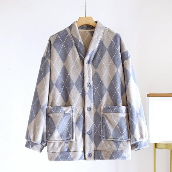 Fengqque Men's Flannel Button Down Pajama Shirt V Neck Sleep Shirt Warm and Thick Long Sleeved Pocket Home Clothes Pajamas Blue XL(XL)