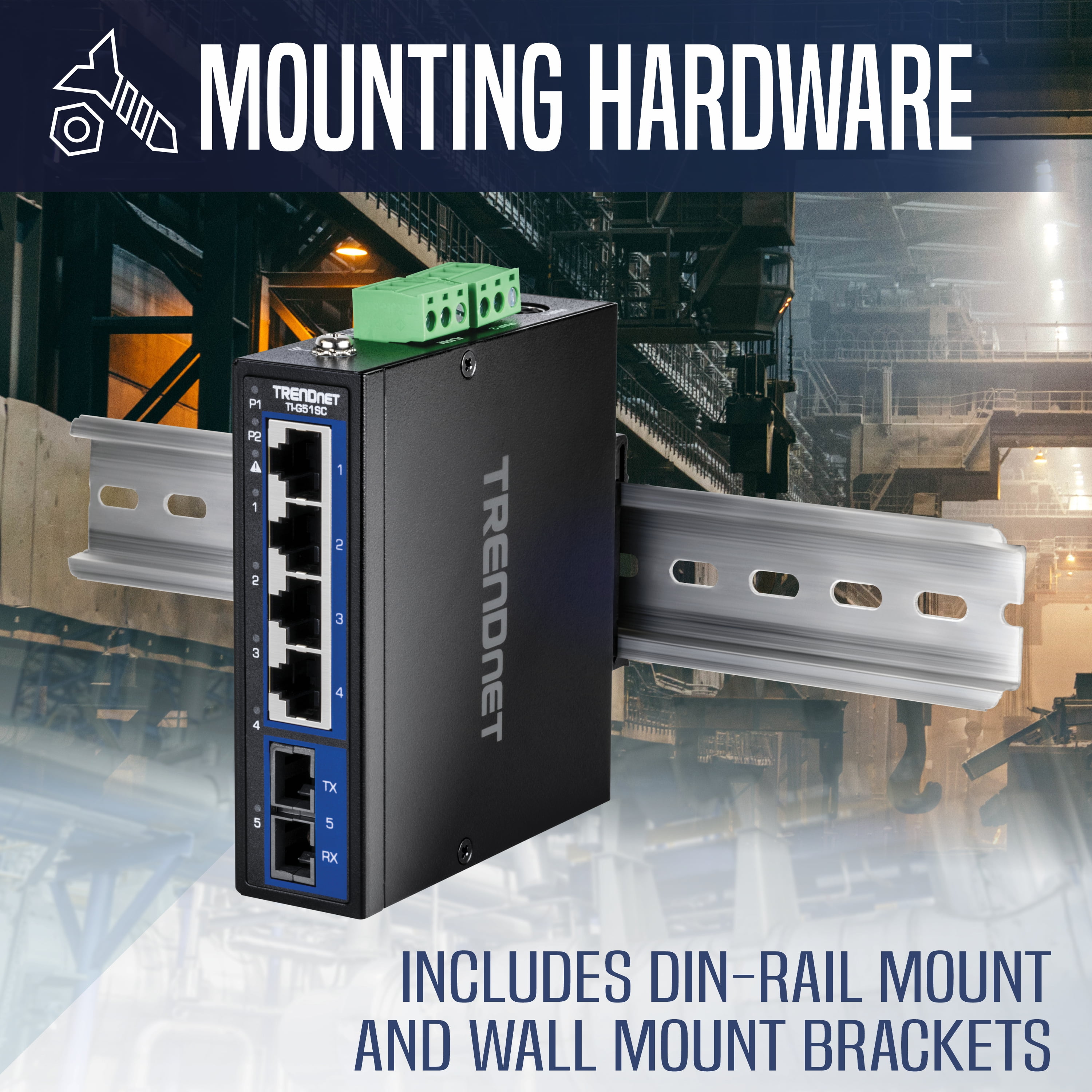 TRENDnet 5-Port Hardened Industrial Gigabit DIN-Rail Switch, TI-G51SC
