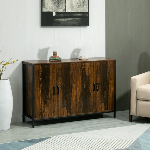 Knubmt 4 Doors Sideboard Buffet Cabinet with Inner Shelf and Metal Legs, Storage Cabinet for Living Room, Kitchen, Brown