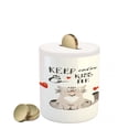 thumbnail image 1 of Valentines Day Piggy Bank, Love Cartoon Happy Cat with Hand Written Kiss Me Words, Ceramic Coin Bank Money Box for Cash Saving, 3.6" X 3.2", Warm Taupe Vermilion, by Ambesonne, 1 of 4