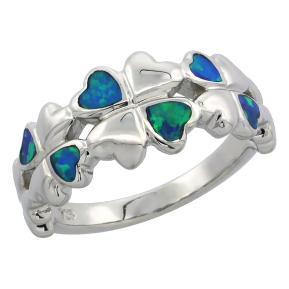 925 Sterling Silver Hand Inlay Synthetic Blue Opal Little Hearts Ring 10mm