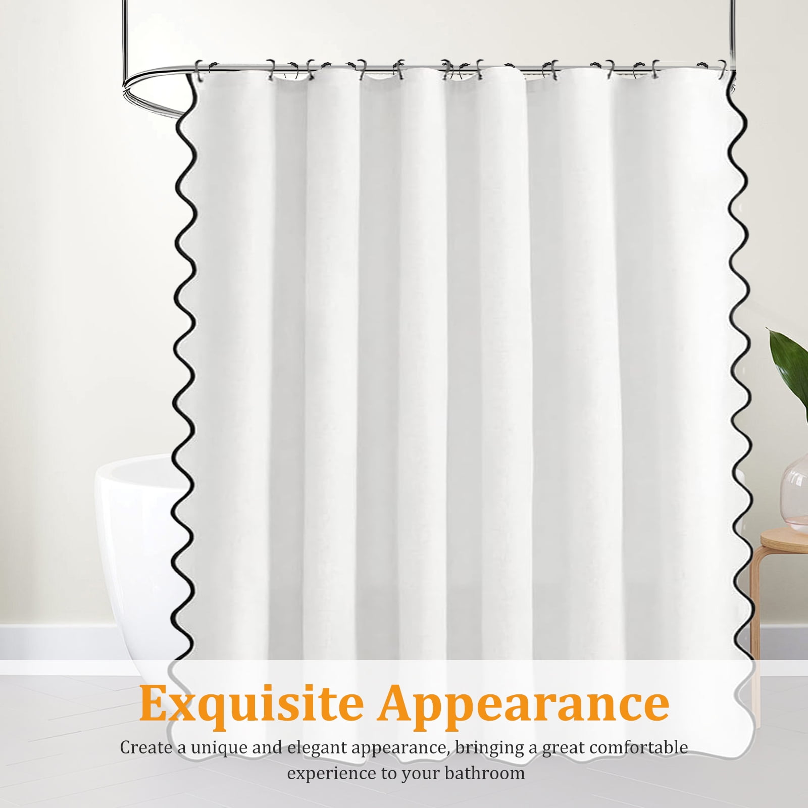 Dznils Black Scalloped Boho Shower Curtain with Hooks, Water-Repellent Thick Linen Fabric Bathroom Curtain, White, 72" x 72"
