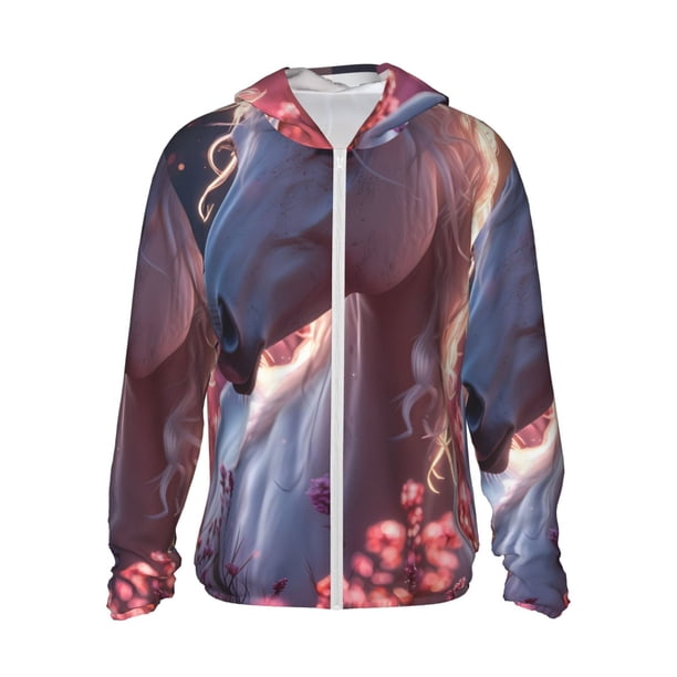Balery Flower White Horse Sudadera ligera de manga larga con capucha y protección solar UPF 50+ para hombre y mujer, ideal para pesca y running-Large
