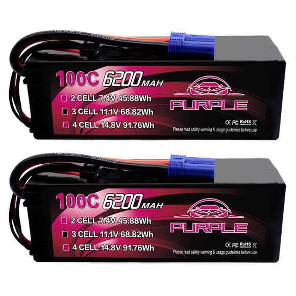 CNHL Purple Series 6200mAh 3S Lipo Battery 100C Hard Case 11.1V with EC5 Plug for RC Car Tank Trucks Boats (2 Packs)